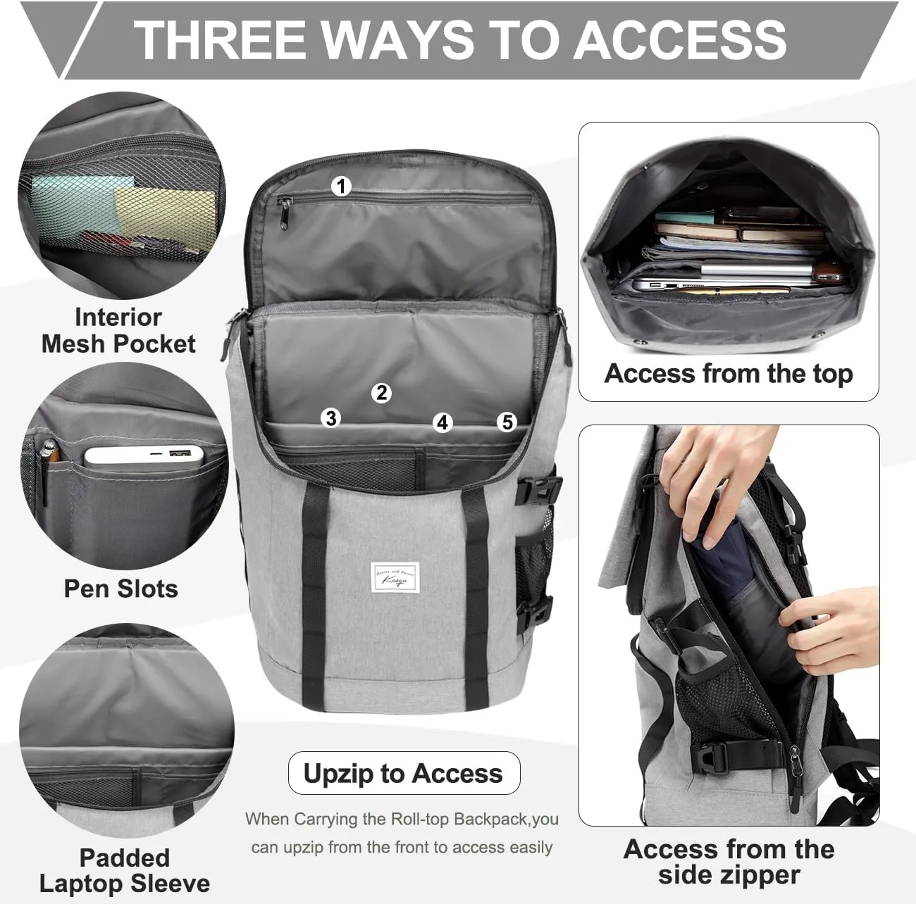Kasqo Rolltop Backpack for Men, 17 Inch Laptop Backpacks Large Capacity Lightweight Water Resistant College Travel Daypack