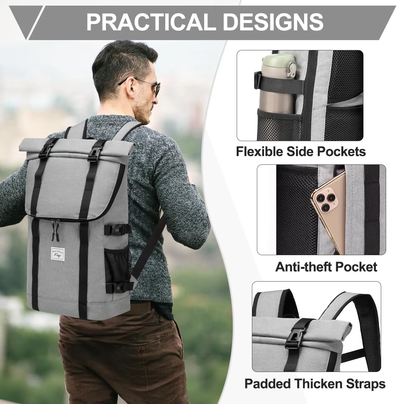 Kasqo Rolltop Backpack for Men, 17 Inch Laptop Backpacks Large Capacity Lightweight Water Resistant College Travel Daypack