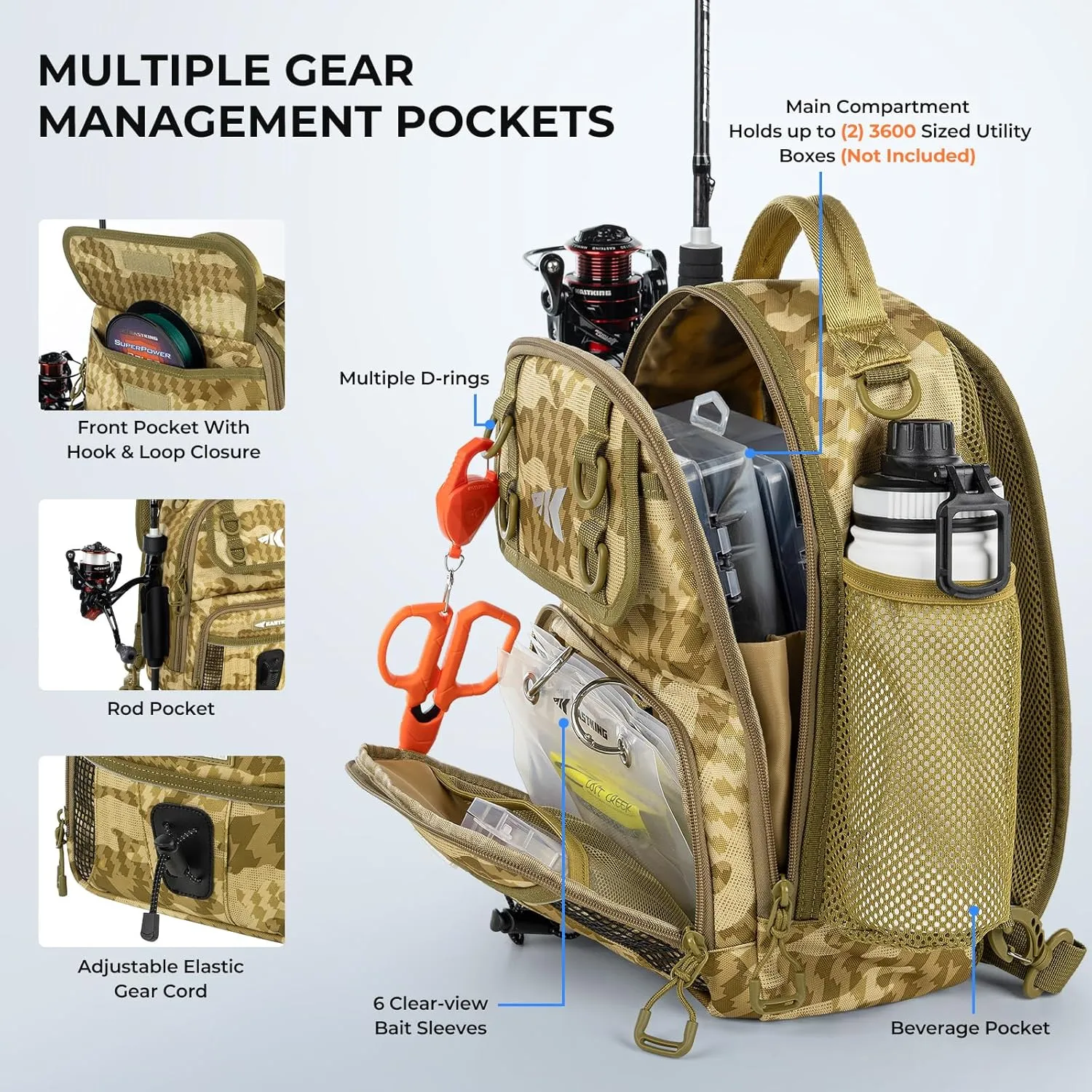KastKing BaitSpace Fishing Sling Bag, Fishing Backpack with Rod & Beverage Holder, Tackle Bag for Fishing Gear