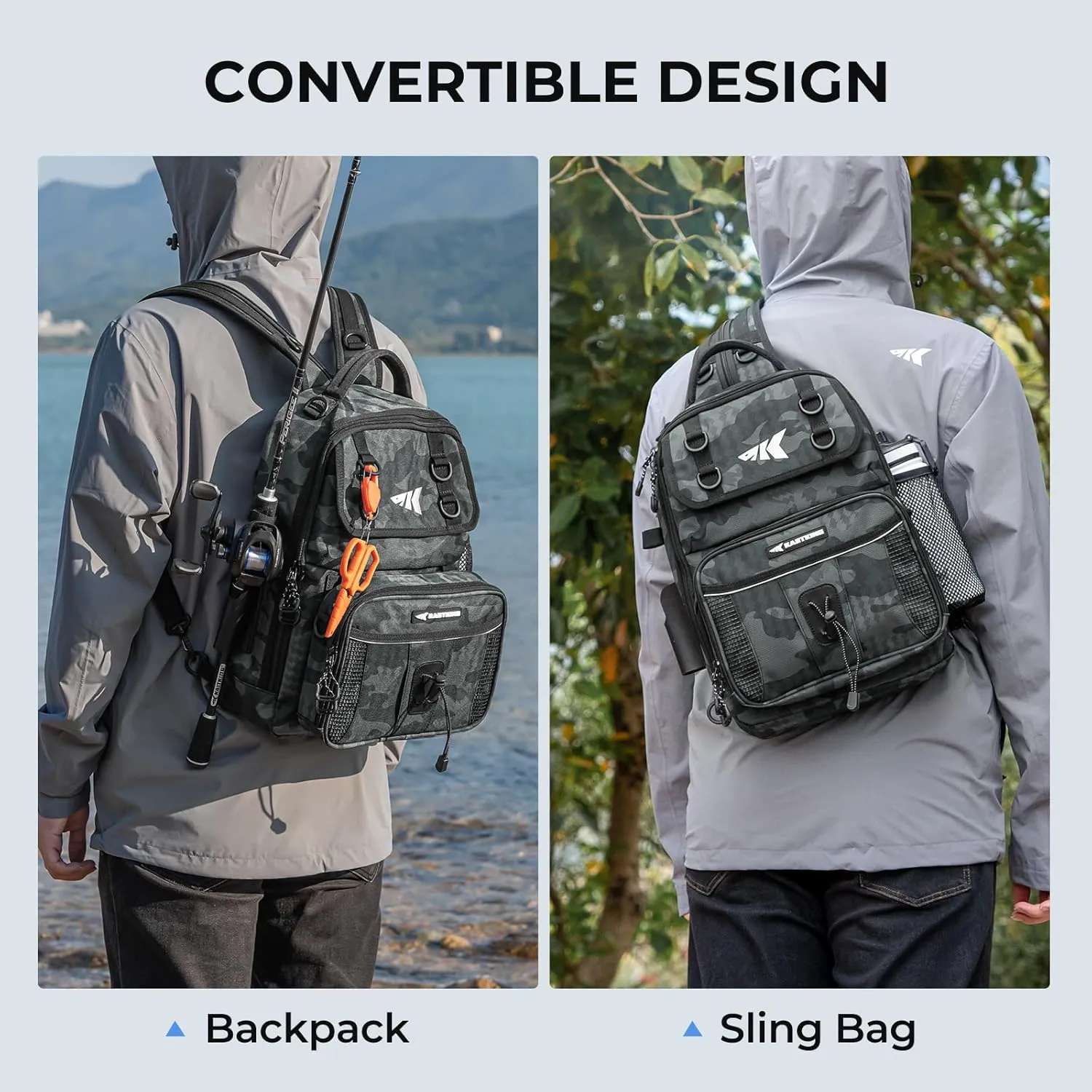 KastKing BaitSpace Fishing Sling Bag, Fishing Backpack with Rod & Beverage Holder, Tackle Bag for Fishing Gear