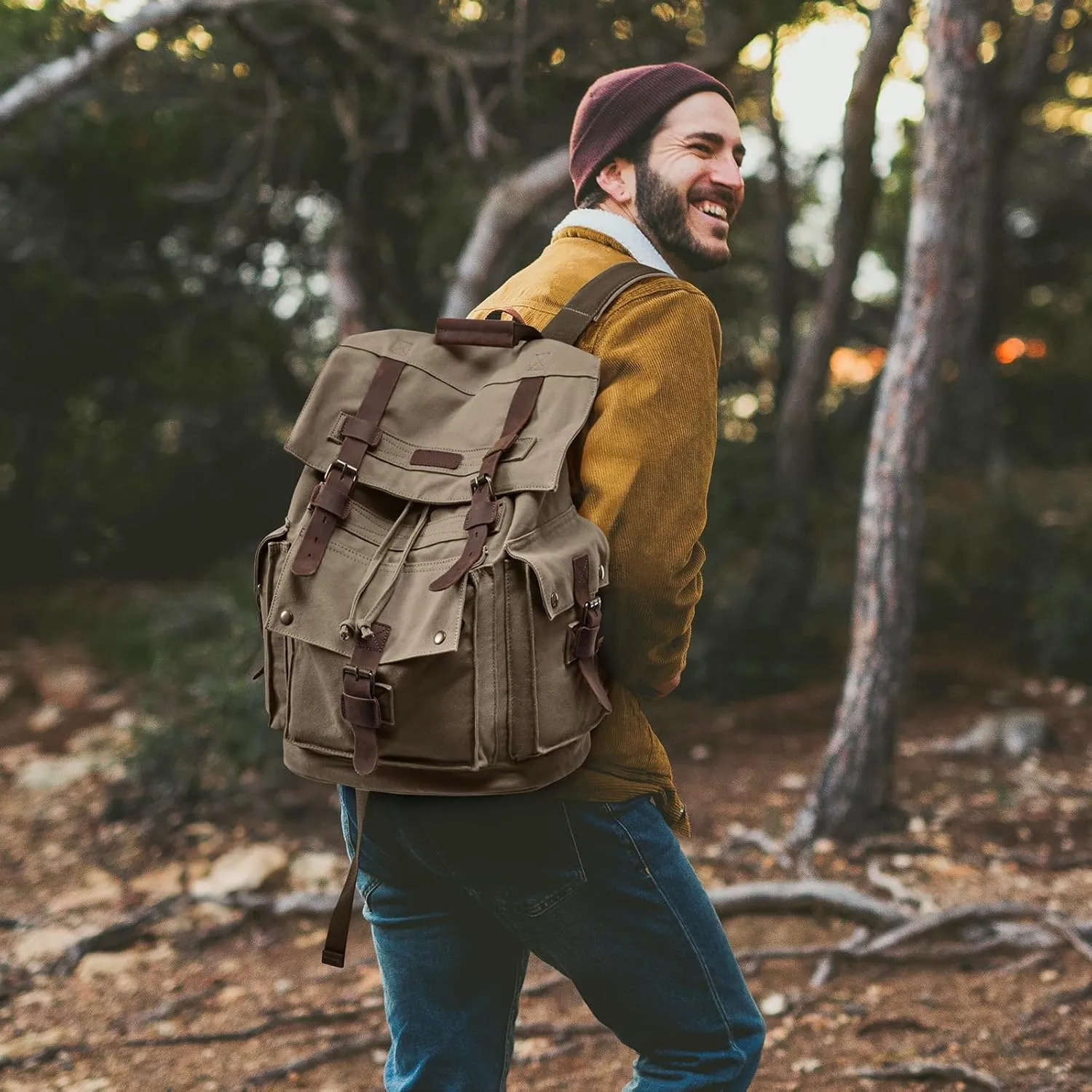 Kattee Men’s Leather Canvas Backpack Large School Bag Travel Rucksack Army Green