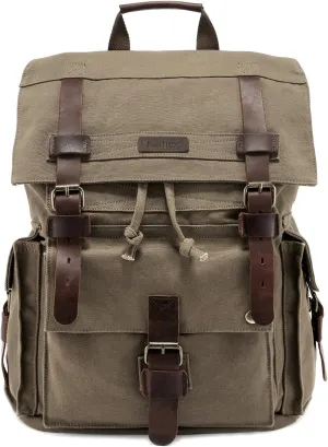 Kattee Men’s Leather Canvas Backpack Large School Bag Travel Rucksack Army Green