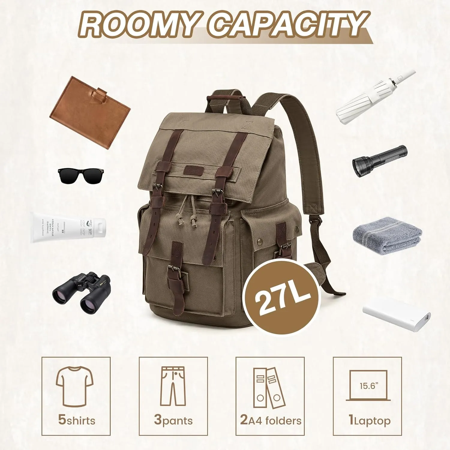 Kattee Men’s Leather Canvas Backpack Large School Bag Travel Rucksack Army Green