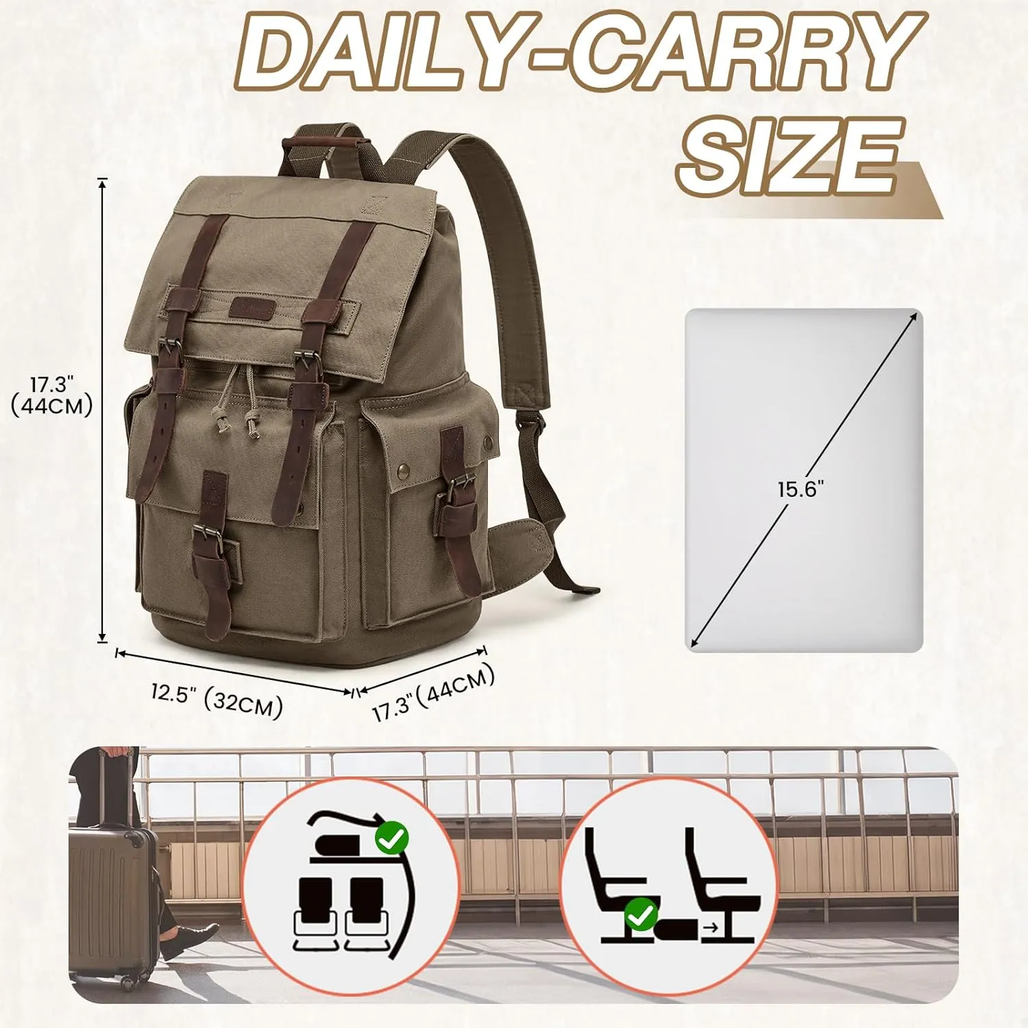 Kattee Men’s Leather Canvas Backpack Large School Bag Travel Rucksack Army Green