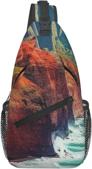 Kauai Hawaii Seashore Pattern Sling Bag Cross Body Bag Shoulder Bag Fanny Pack Travel Hiking Daypack For Women Men