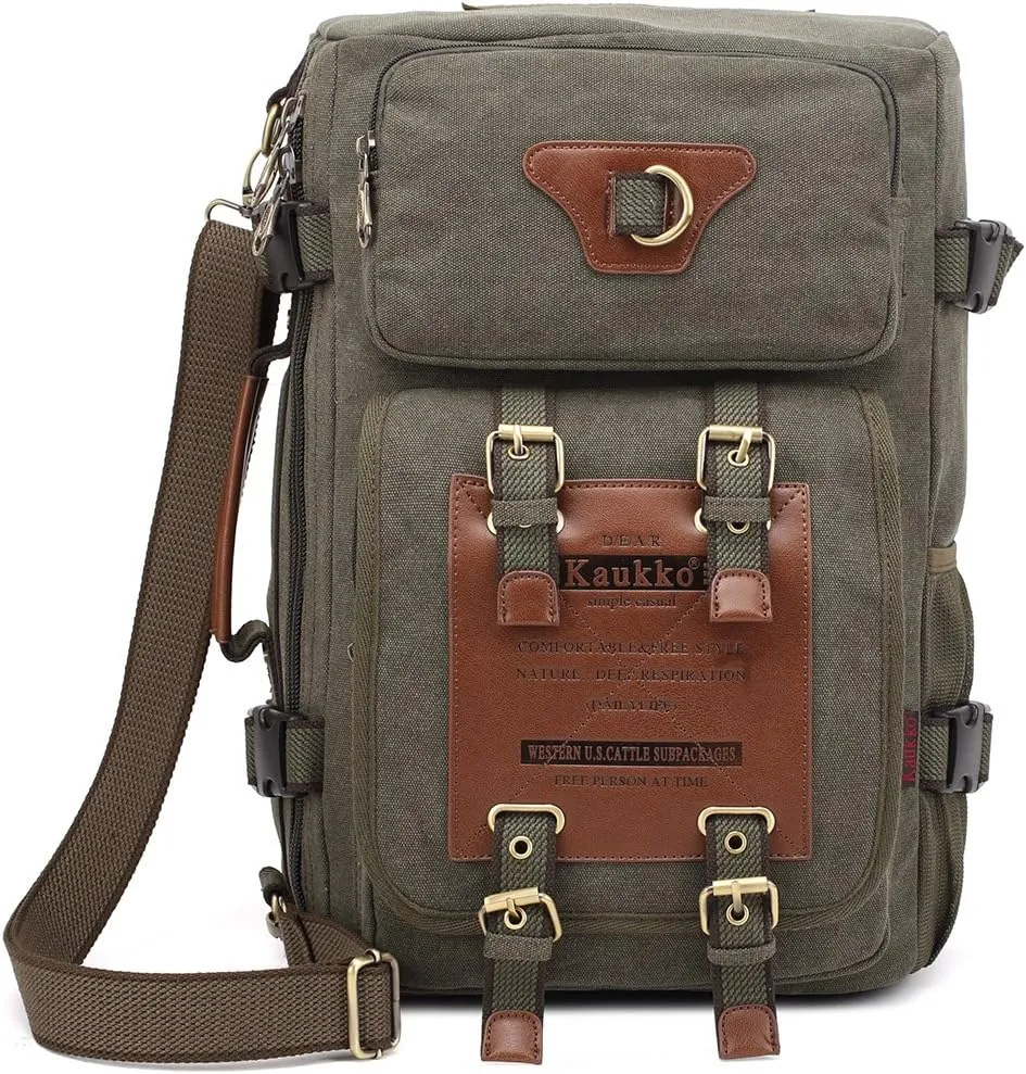 KAUKKO Outdoor Travel Men Backpack Hiking Camping Canvas Rucksack (Canvas Amygreen)