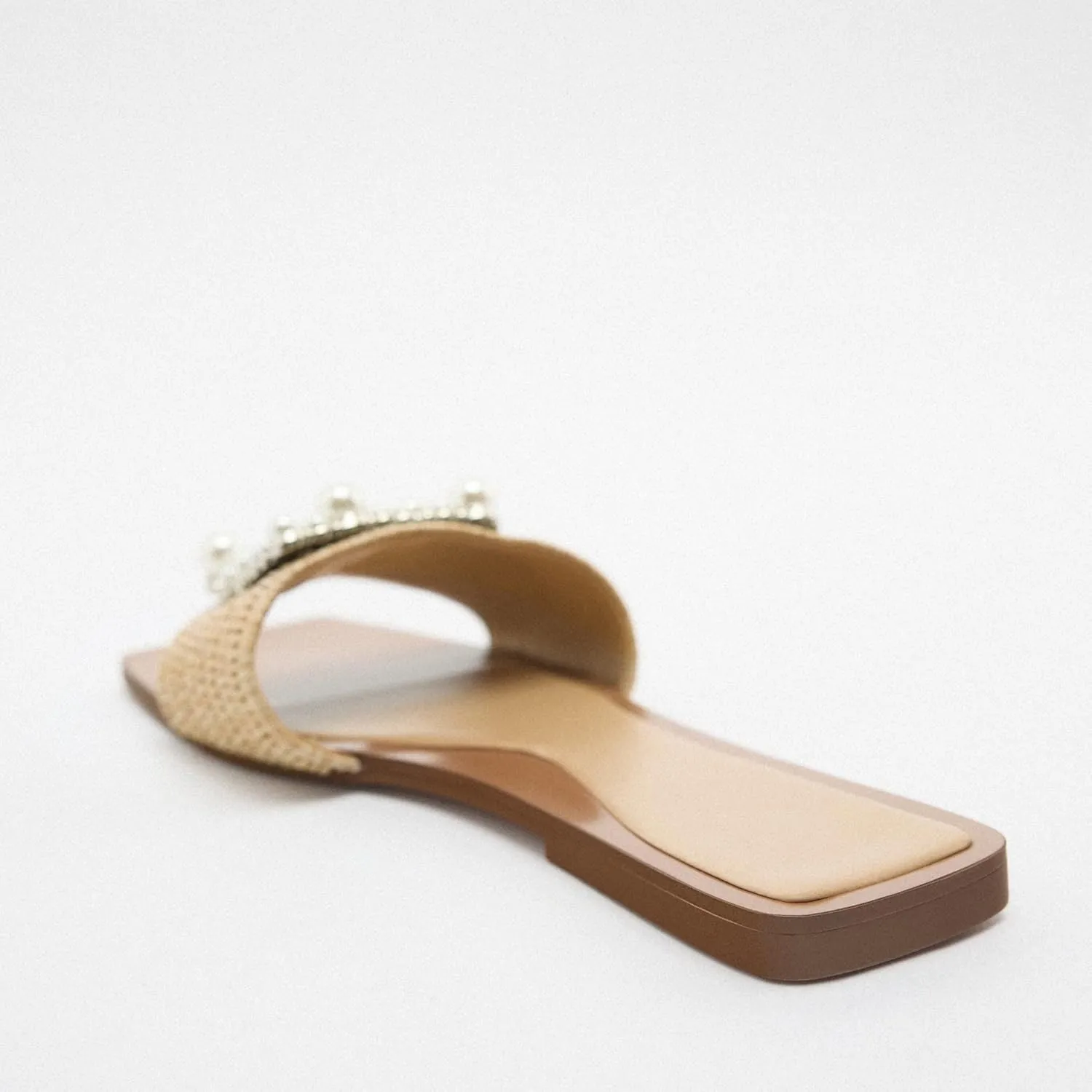 keleimusi Woven Strap Mules for Women Pearl Embellished Flat Slides in Neutral