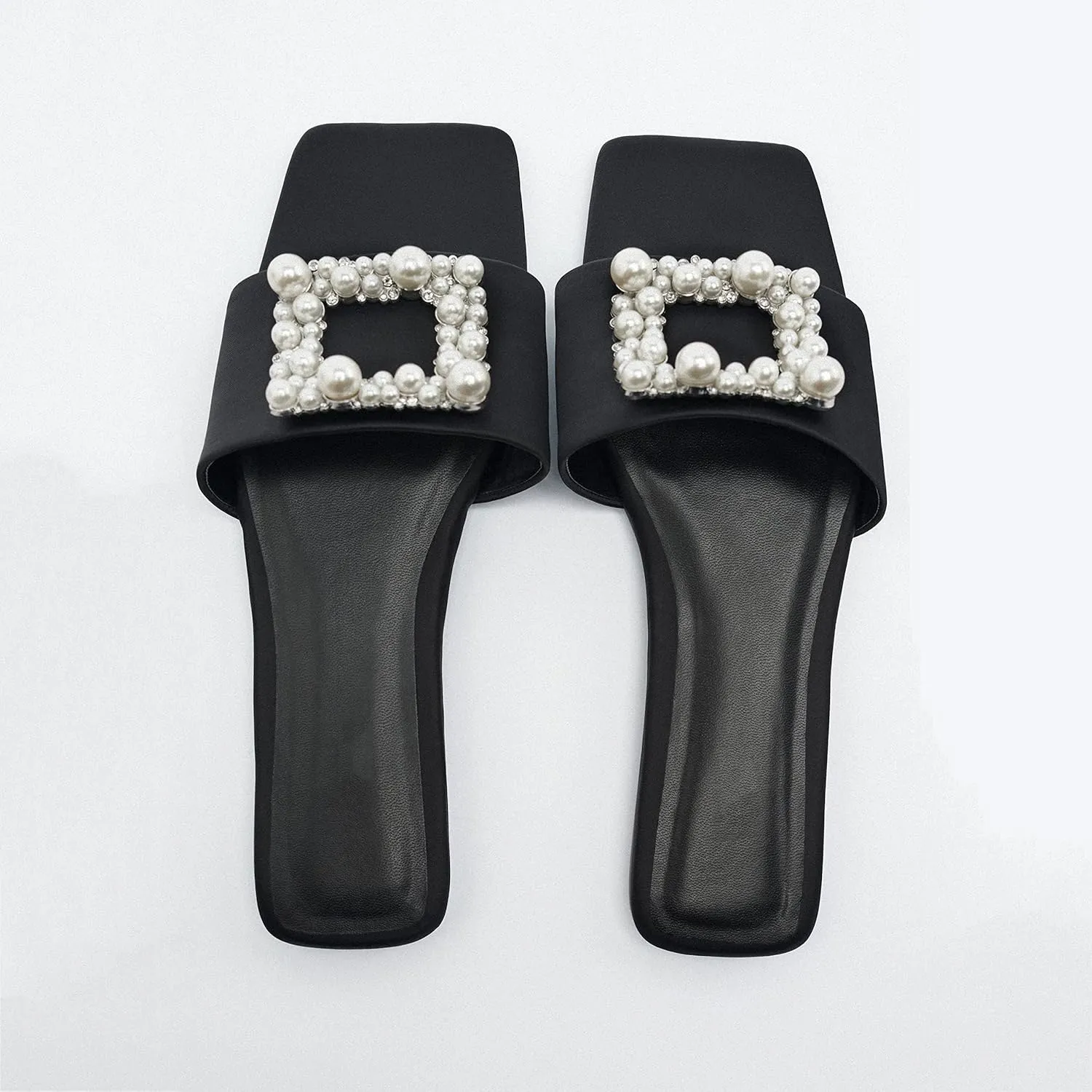 keleimusi Woven Strap Mules for Women Pearl Embellished Flat Slides in Neutral