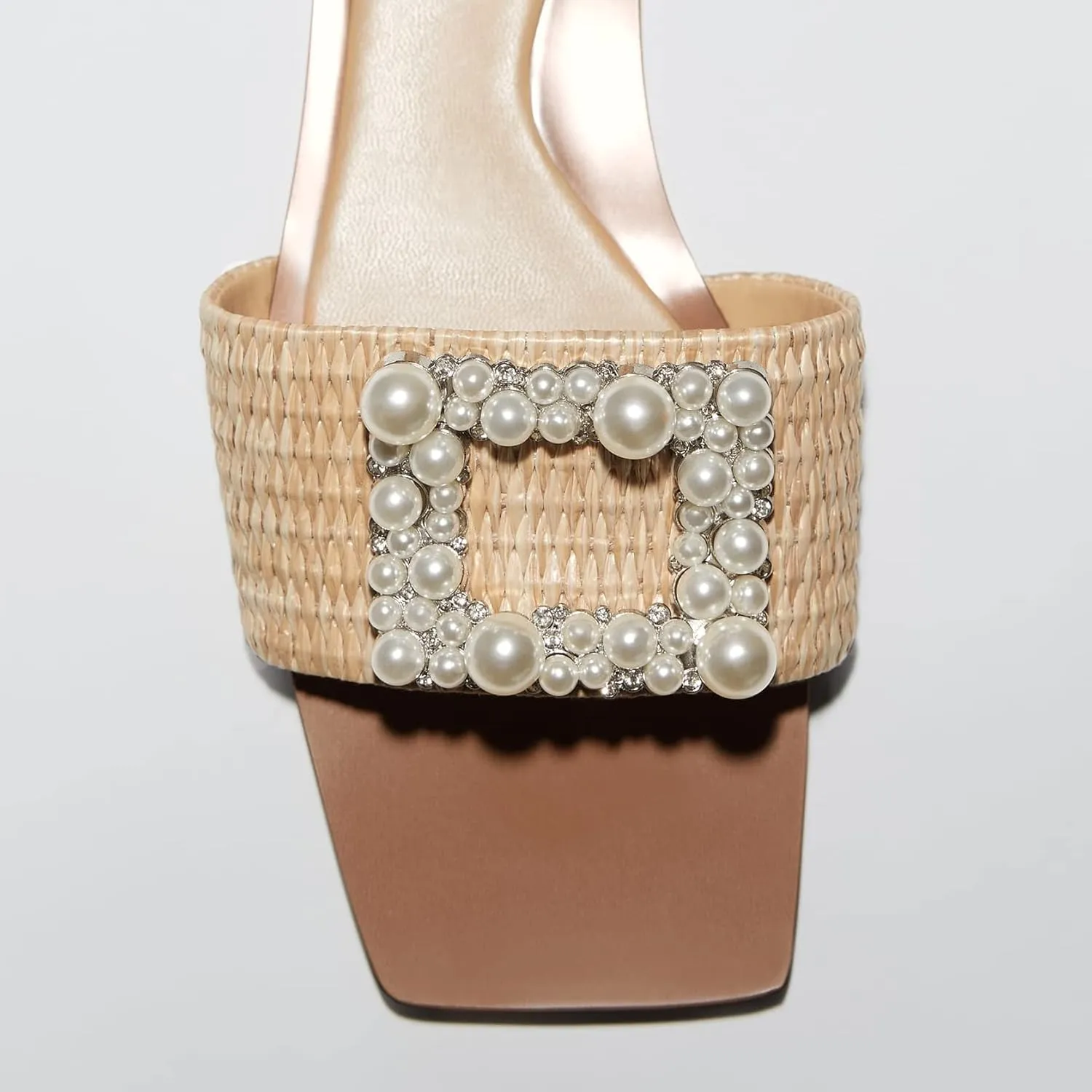 keleimusi Woven Strap Mules for Women Pearl Embellished Flat Slides in Neutral