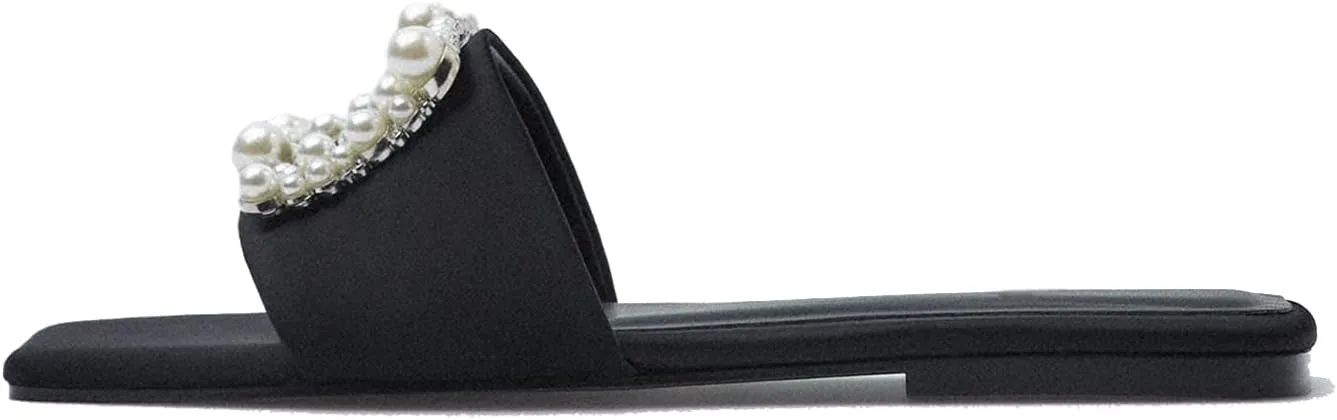 keleimusi Woven Strap Mules for Women Pearl Embellished Flat Slides in Neutral