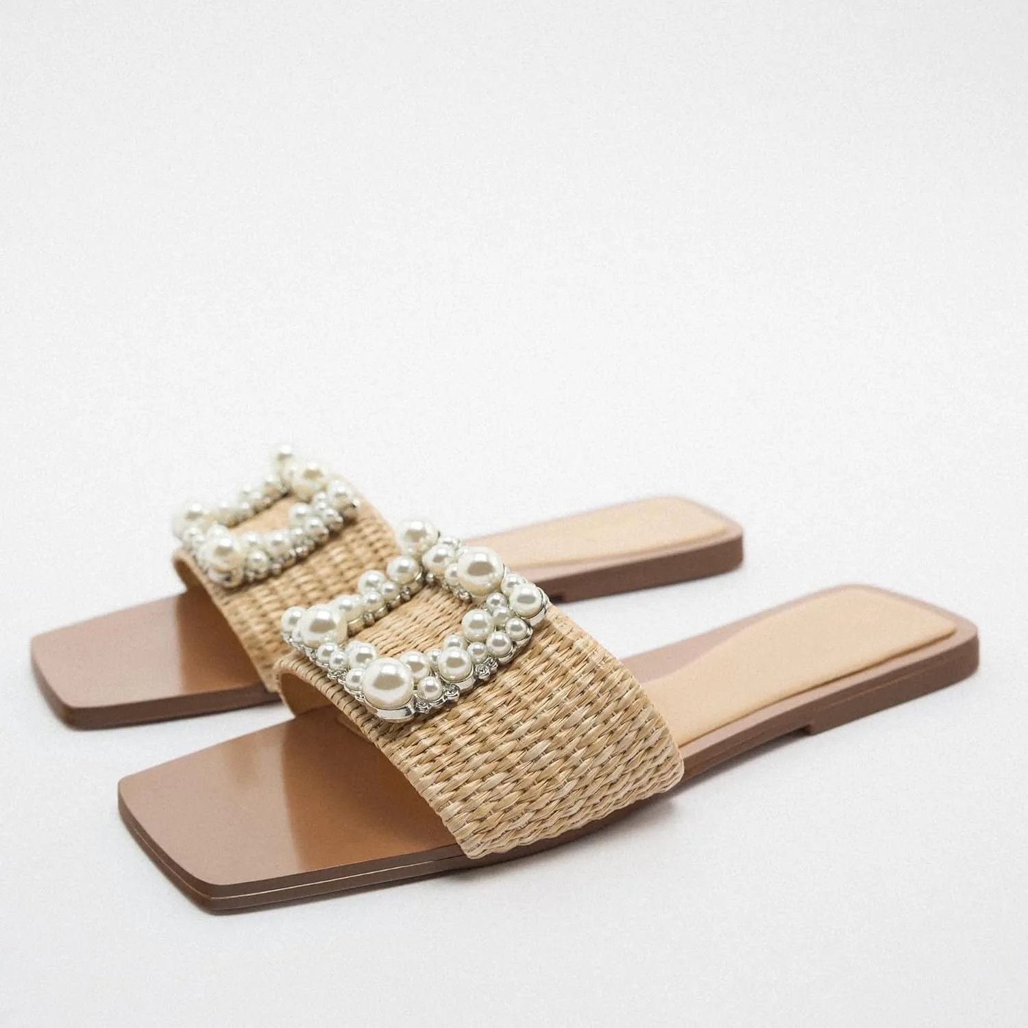 keleimusi Woven Strap Mules for Women Pearl Embellished Flat Slides in Neutral