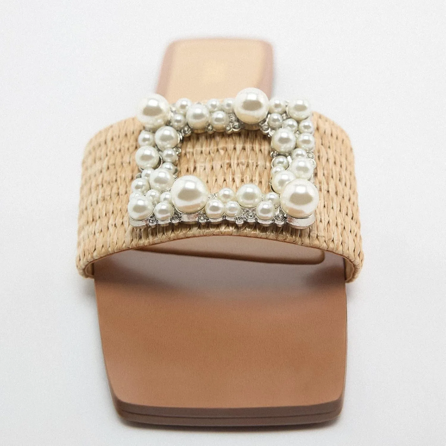 keleimusi Woven Strap Mules for Women Pearl Embellished Flat Slides in Neutral