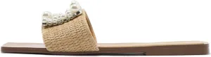 keleimusi Woven Strap Mules for Women Pearl Embellished Flat Slides in Neutral