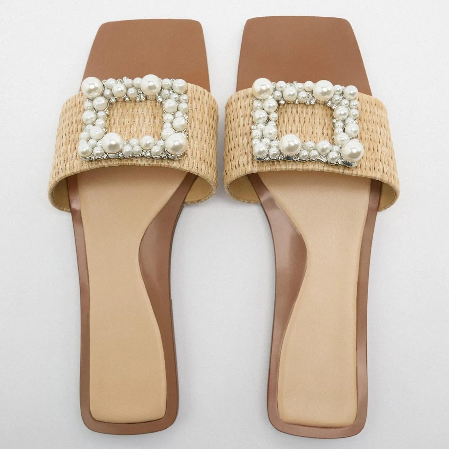keleimusi Woven Strap Mules for Women Pearl Embellished Flat Slides in Neutral