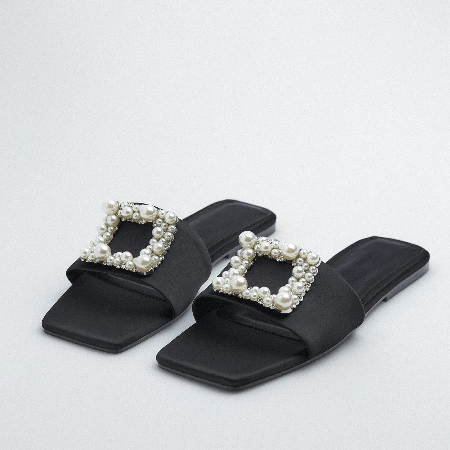 keleimusi Woven Strap Mules for Women Pearl Embellished Flat Slides in Neutral