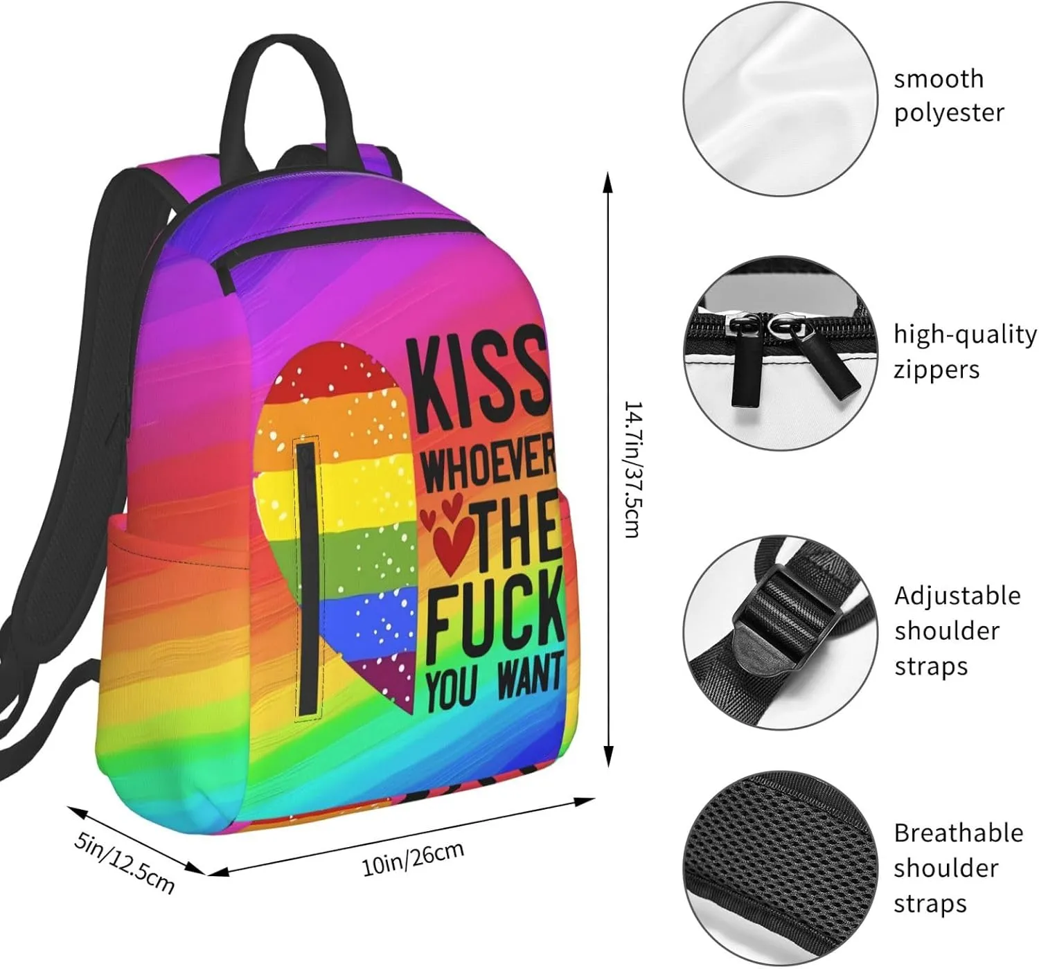 Kiss Whoever The Fuck You Want LGBT Rainbow Gay Pride Heart Travel Laptop Backpack Casual Backpacks Double Shoulder Daypack Notebook Rucksack Work Bags Sports Bag for Hiking Camping Beach