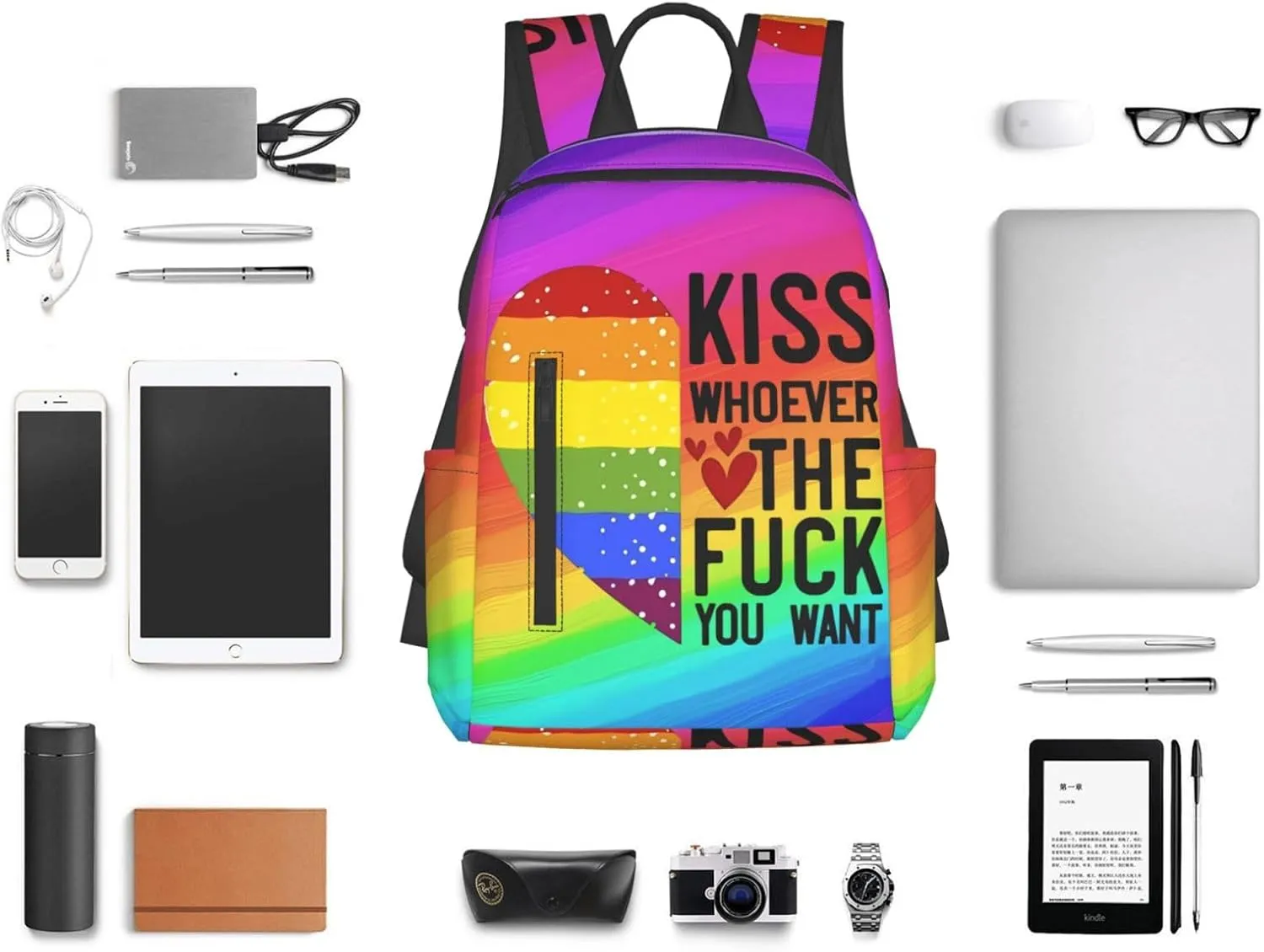 Kiss Whoever The Fuck You Want LGBT Rainbow Gay Pride Heart Travel Laptop Backpack Casual Backpacks Double Shoulder Daypack Notebook Rucksack Work Bags Sports Bag for Hiking Camping Beach