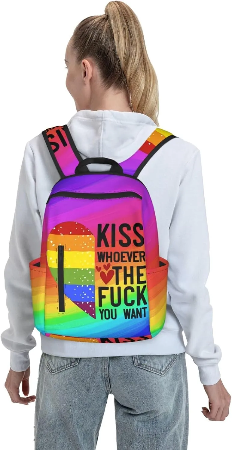 Kiss Whoever The Fuck You Want LGBT Rainbow Gay Pride Heart Travel Laptop Backpack Casual Backpacks Double Shoulder Daypack Notebook Rucksack Work Bags Sports Bag for Hiking Camping Beach