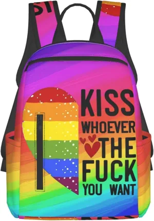 Kiss Whoever The Fuck You Want LGBT Rainbow Gay Pride Heart Travel Laptop Backpack Casual Backpacks Double Shoulder Daypack Notebook Rucksack Work Bags Sports Bag for Hiking Camping Beach