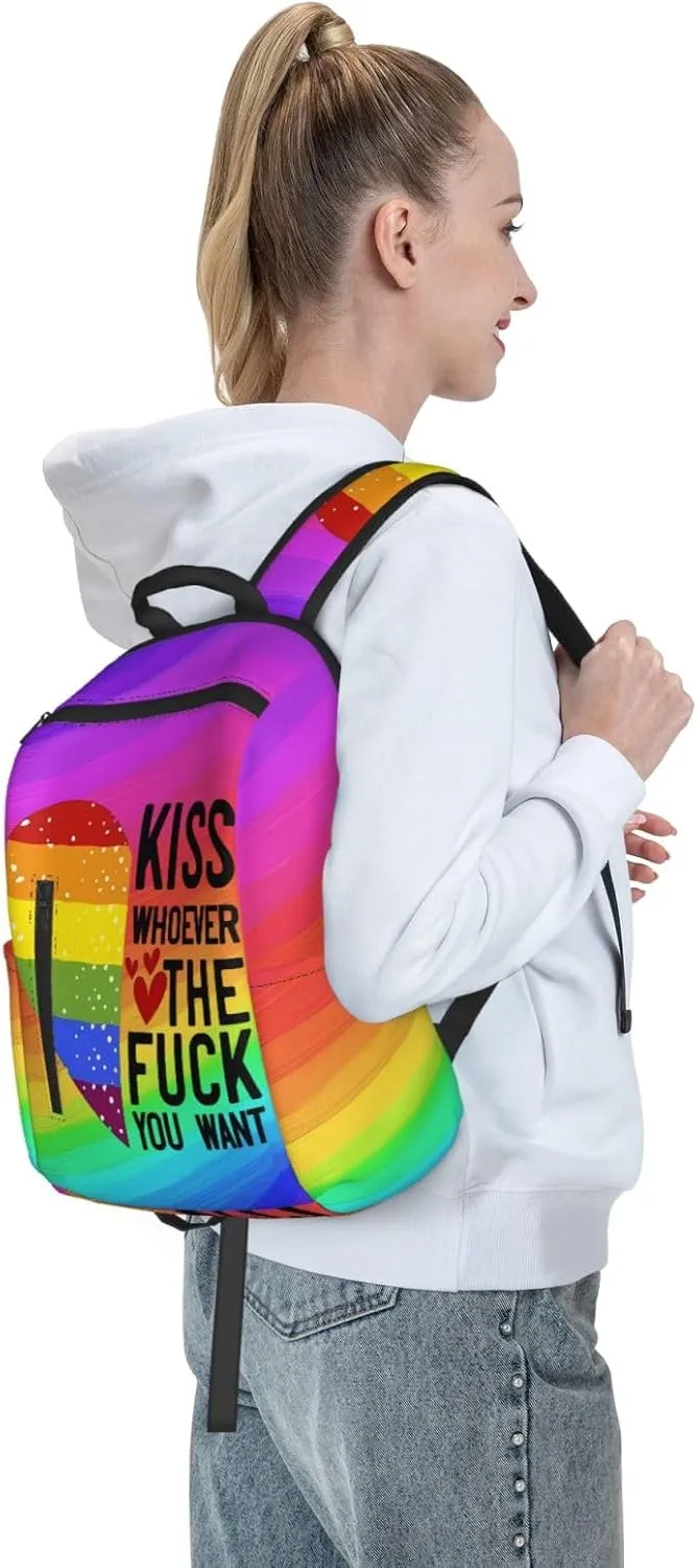 Kiss Whoever The Fuck You Want LGBT Rainbow Gay Pride Heart Travel Laptop Backpack Casual Backpacks Double Shoulder Daypack Notebook Rucksack Work Bags Sports Bag for Hiking Camping Beach