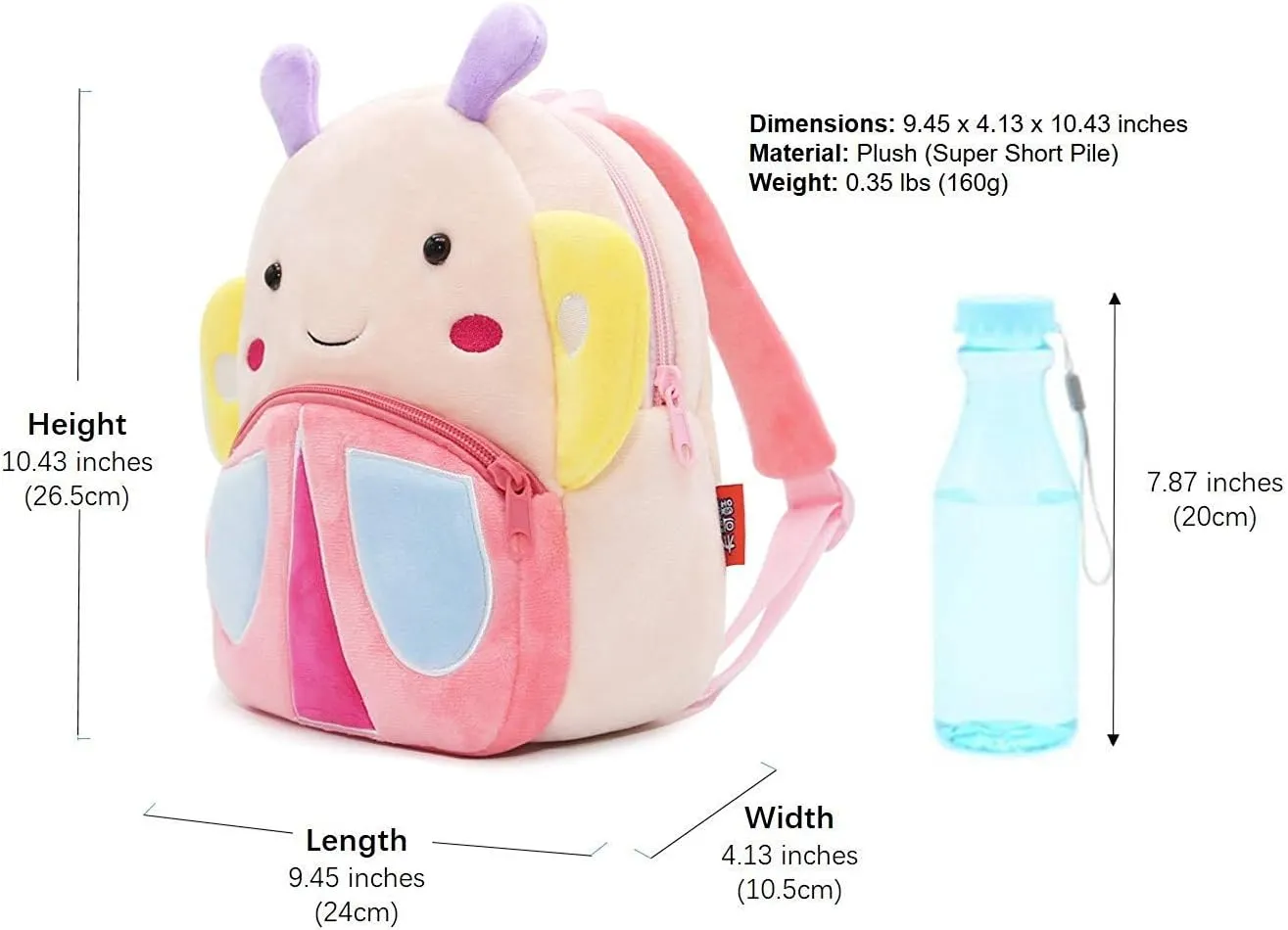 KISSOURBABY Cute Kids Toddler Backpack Plush Toy Backpack Snack Travel Bag Pre-School Bags for Girls 2-4Years(Butterfly)
