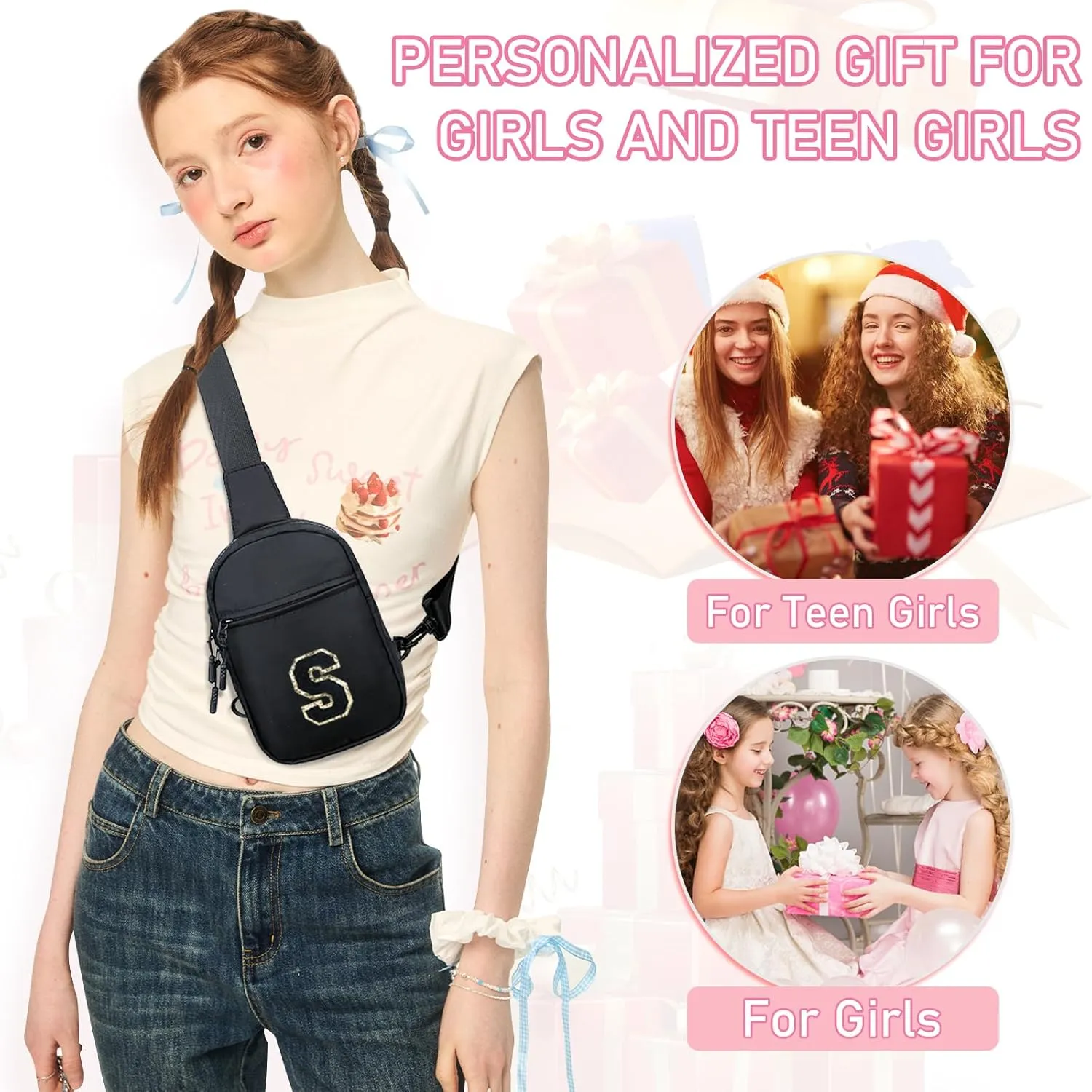KKXIU Gifts for 6 7 8 9 10 11 12 Year Old Girls Initial Sling Bag Trendy Crossbody Fanny Pack for Teens
