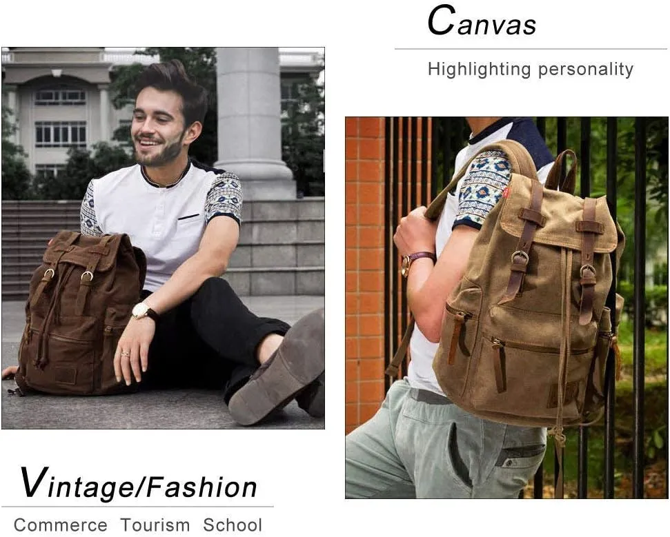 koolehaoda Vintage Canvas Backpack Rucksack Unisex Casual Backpack for 12-17" Laptop Backpack Travel Camping Hiking Bag (L-Army Green)