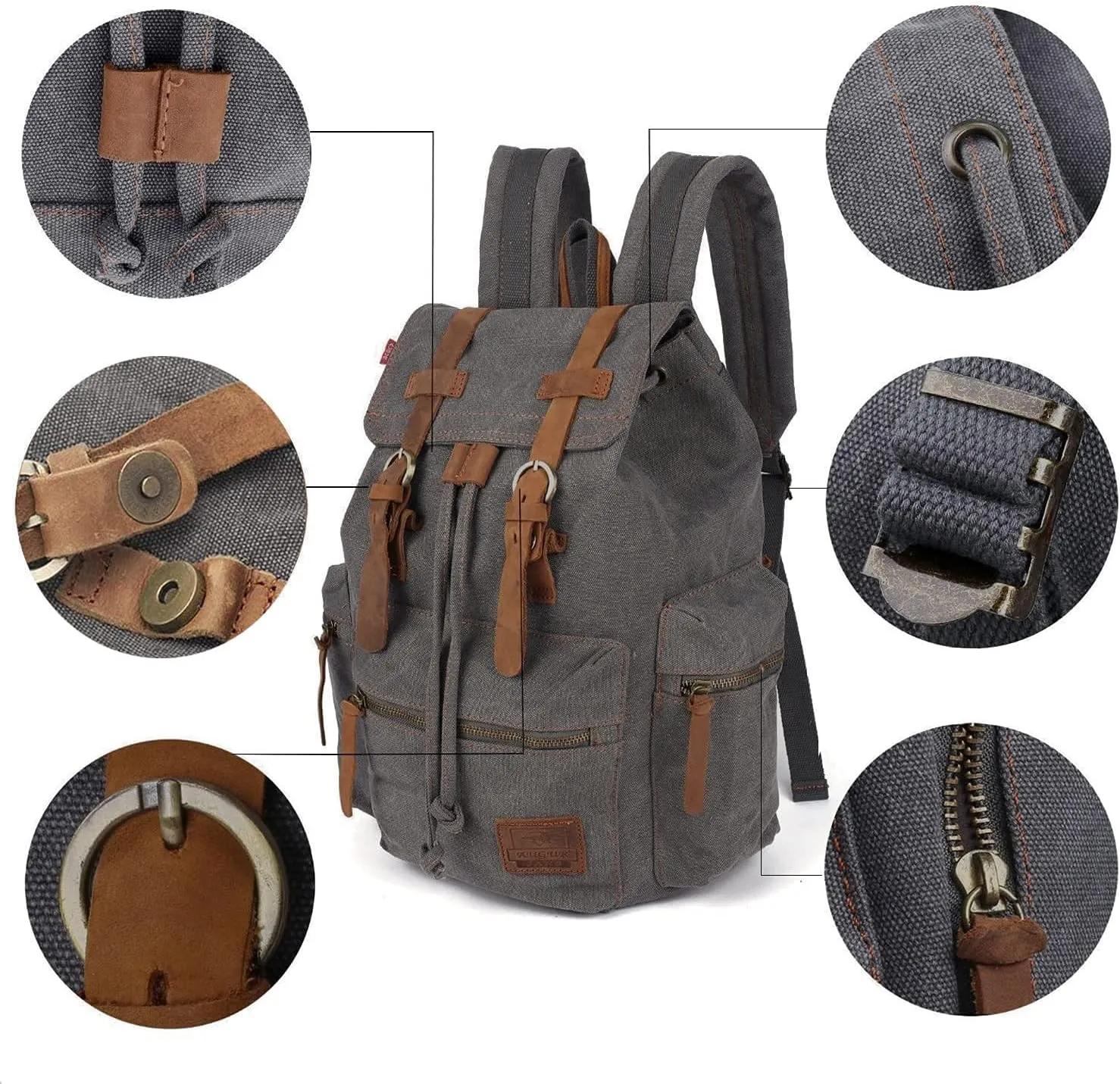 koolehaoda Vintage Canvas Backpack Rucksack Unisex Casual Backpack for 12-17" Laptop Backpack Travel Camping Hiking Bag (L-Gray)