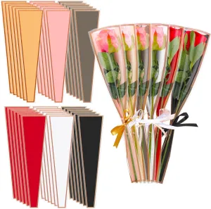 Kosiz 300 Pcs Single Rose Sleeve 6 Colors Plastic Packaging Flower Wrapping Bags Waterproof Gold Edge Bouquet Bags Floral Arranging Supplies for Mother's Day Valentine‘s Day Gift