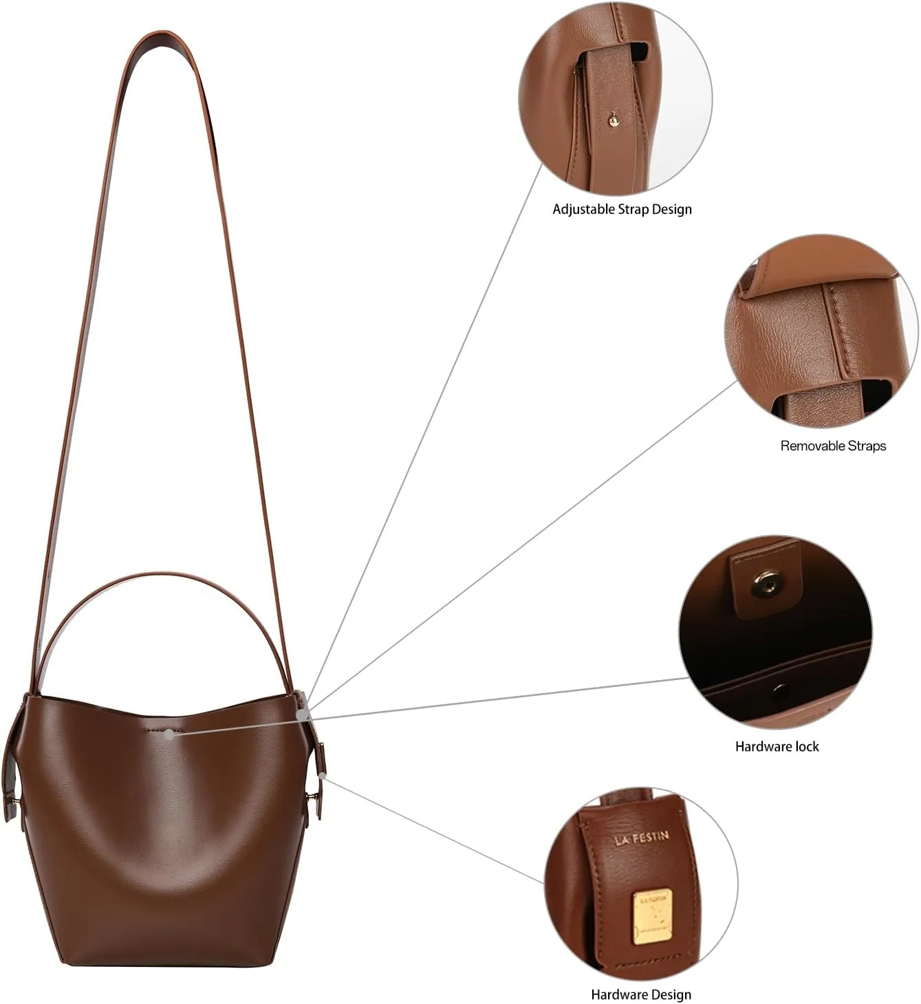 LA FESTIN Leather Bucket Bags for Women - Adjustable Long Strap Designer Crossbody Handbags, Shoulder Purse for Everyday Use