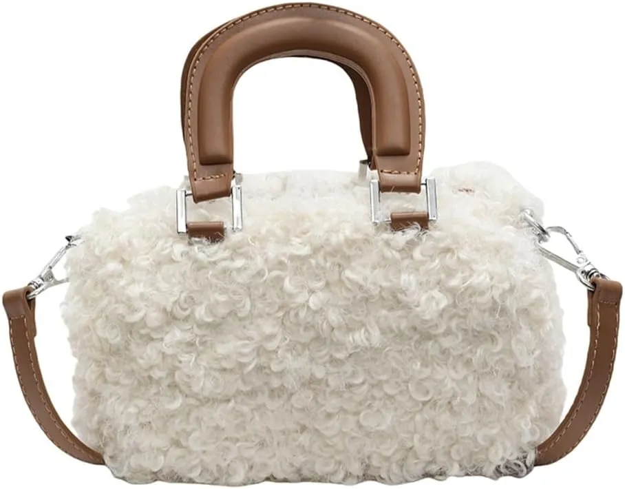 Lamb Wool Crossbody Handbags for Women Fuzzy Purses for Women Vintage Boston Bag Satchel Purse Shoulder Bag Hobo Bag