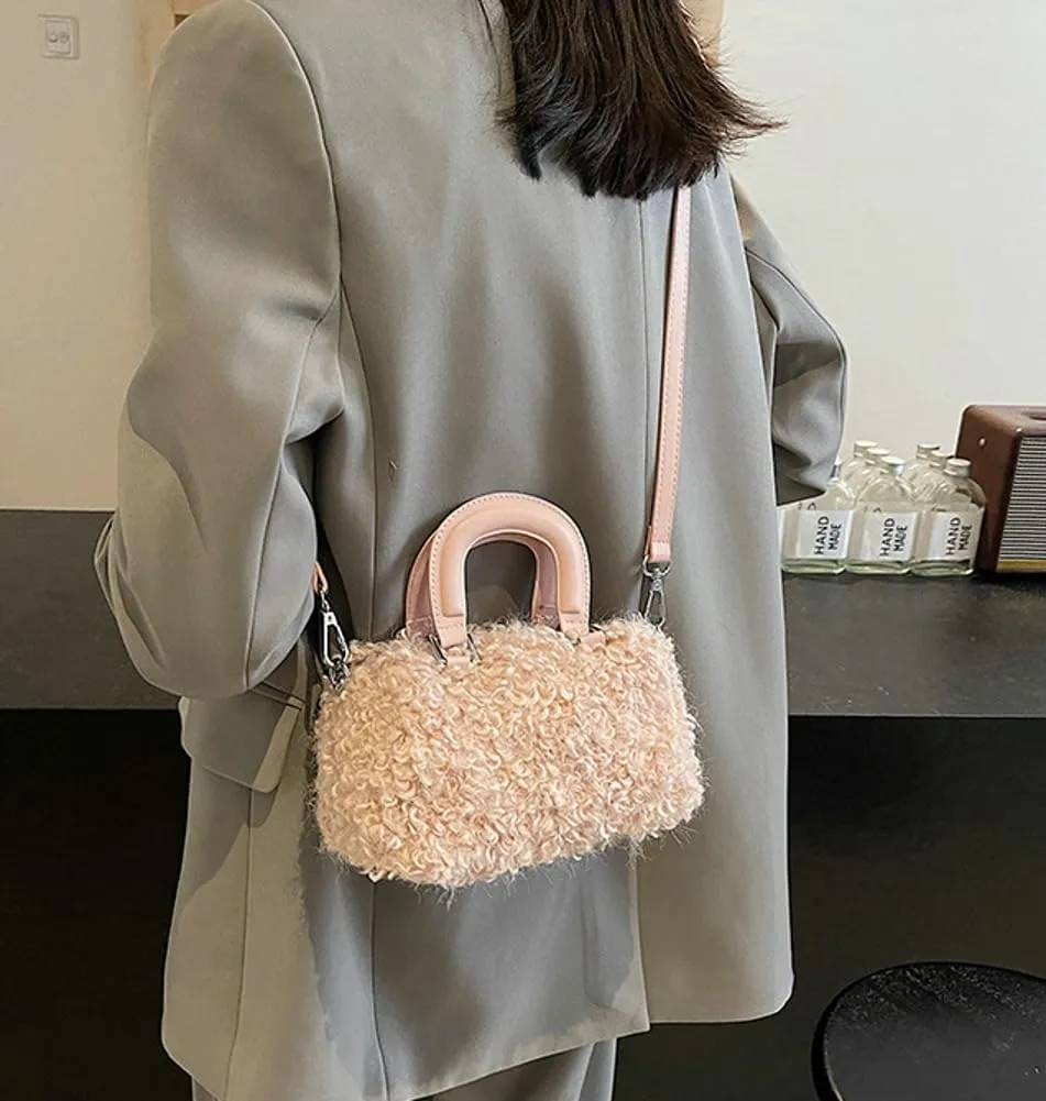 Lamb Wool Crossbody Handbags for Women Fuzzy Purses for Women Vintage Boston Bag Satchel Purse Shoulder Bag Hobo Bag