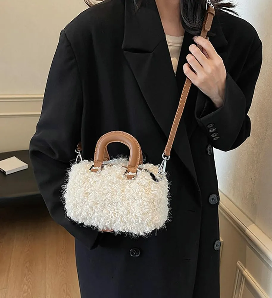 Lamb Wool Crossbody Handbags for Women Fuzzy Purses for Women Vintage Boston Bag Satchel Purse Shoulder Bag Hobo Bag