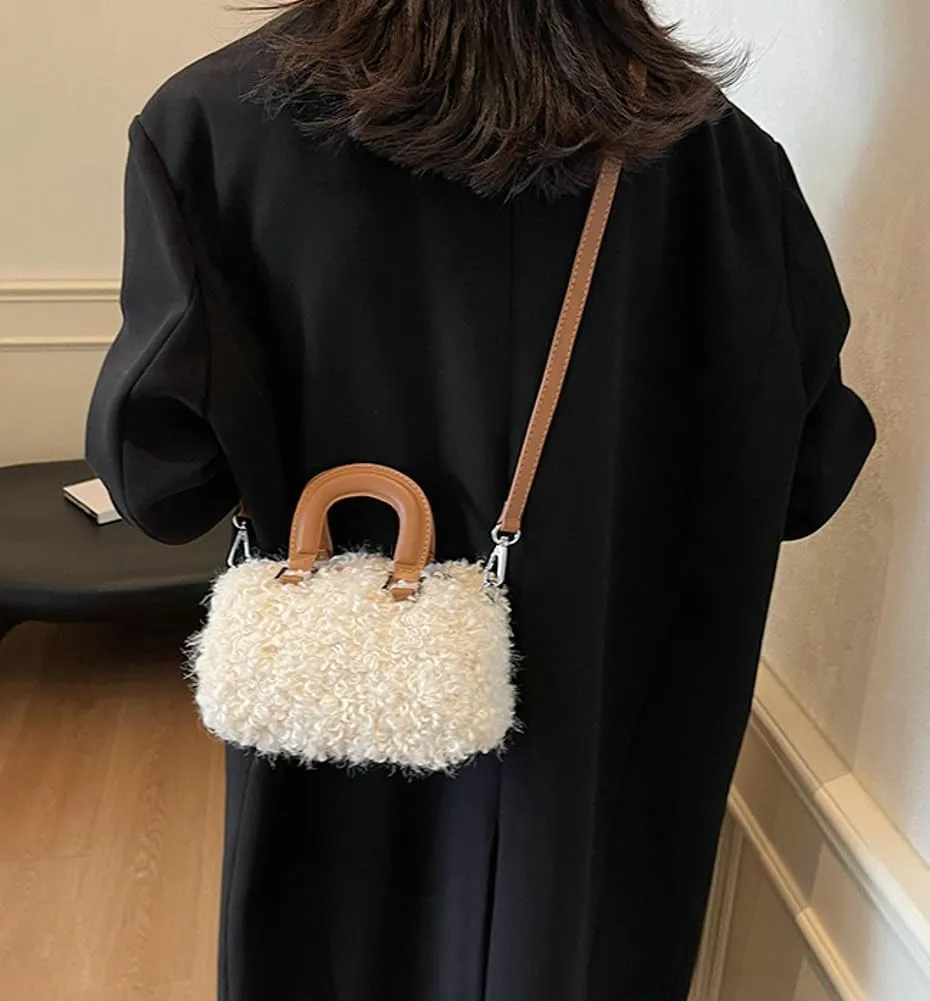 Lamb Wool Crossbody Handbags for Women Fuzzy Purses for Women Vintage Boston Bag Satchel Purse Shoulder Bag Hobo Bag