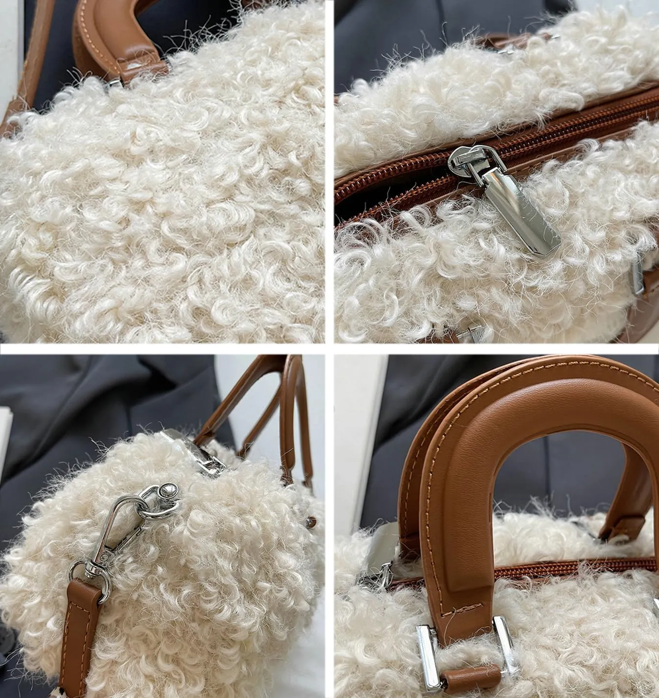 Lamb Wool Crossbody Handbags for Women Fuzzy Purses for Women Vintage Boston Bag Satchel Purse Shoulder Bag Hobo Bag