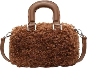 Lamb Wool Crossbody Handbags for Women Fuzzy Purses for Women Vintage Boston Bag Satchel Purse Shoulder Bag Hobo Bag