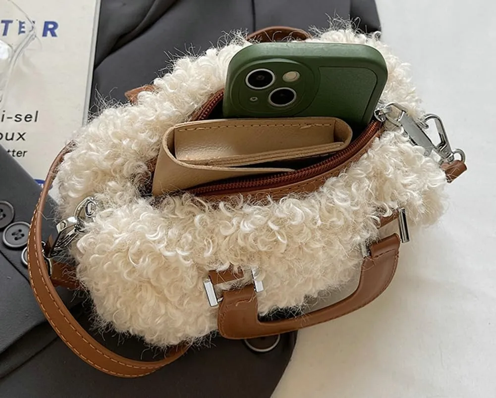 Lamb Wool Crossbody Handbags for Women Fuzzy Purses for Women Vintage Boston Bag Satchel Purse Shoulder Bag Hobo Bag