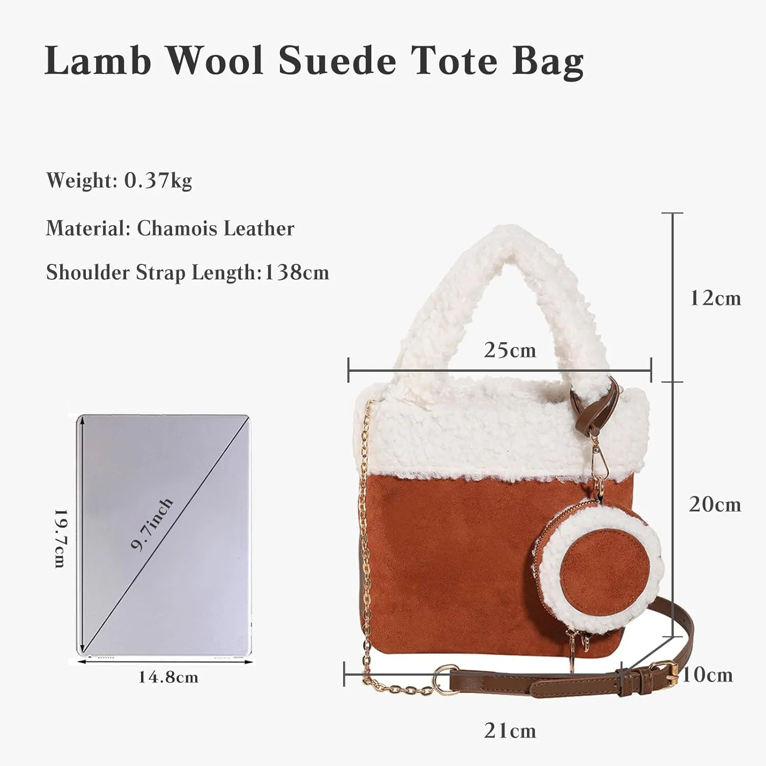 Lamb Wool Shoulder Bag for Women - Small Suede Tote Handbag - Soft Plush Fluffy Crossbody Top Handle Bag 2pcs Set
