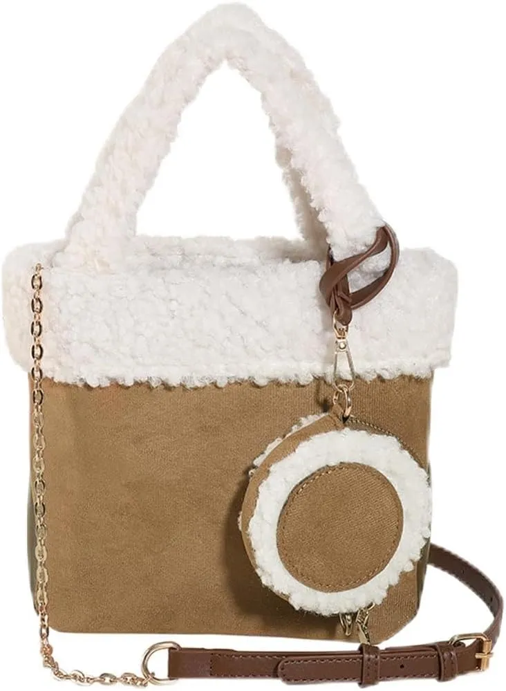 Lamb Wool Shoulder Bag for Women - Small Suede Tote Handbag - Soft Plush Fluffy Crossbody Top Handle Bag 2pcs Set