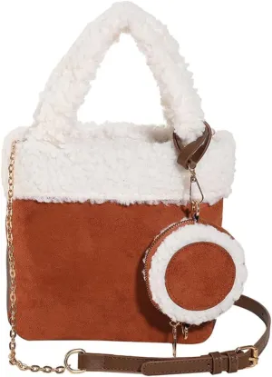 Lamb Wool Shoulder Bag for Women - Small Suede Tote Handbag - Soft Plush Fluffy Crossbody Top Handle Bag 2pcs Set