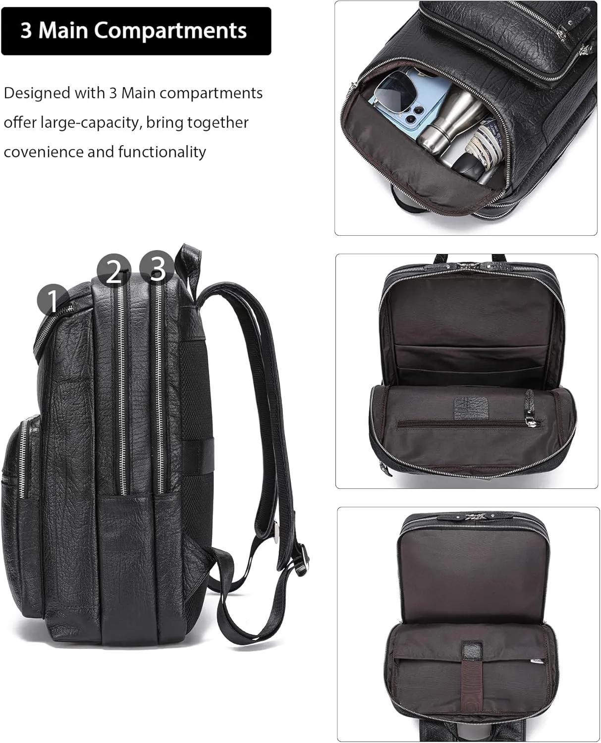LANNSYNE Full Grain Leather Backpack For Men, 15.6" Leather Laptop Backpack Hiking Travel Bag Camping Rucksack