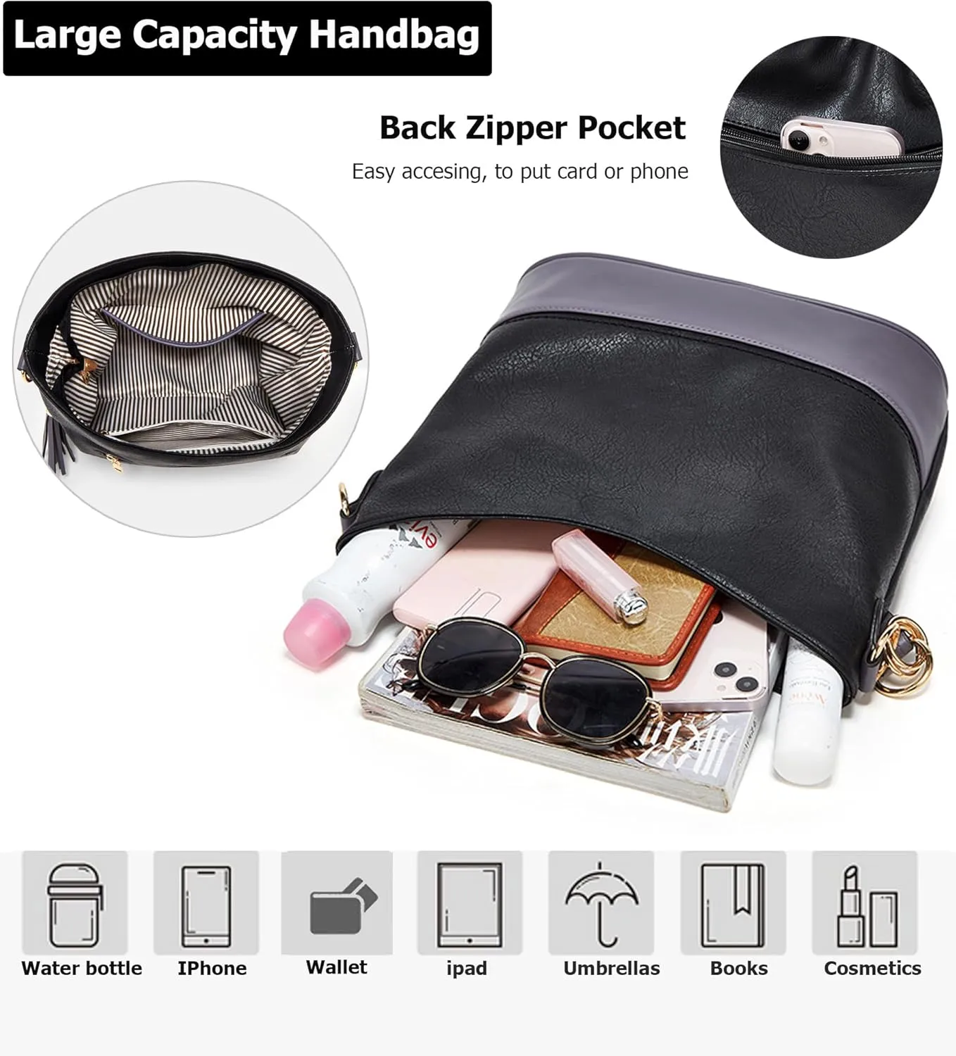 Large 3PC Set Soft Leather Tote Handbag for Women Stylish Hobo Shoulder Bag with Top Handle