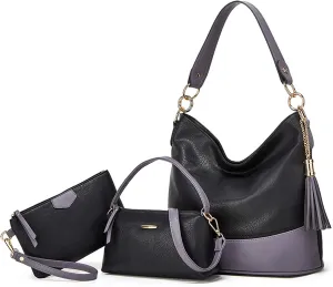 Large 3PC Set Soft Leather Tote Handbag for Women Stylish Hobo Shoulder Bag with Top Handle