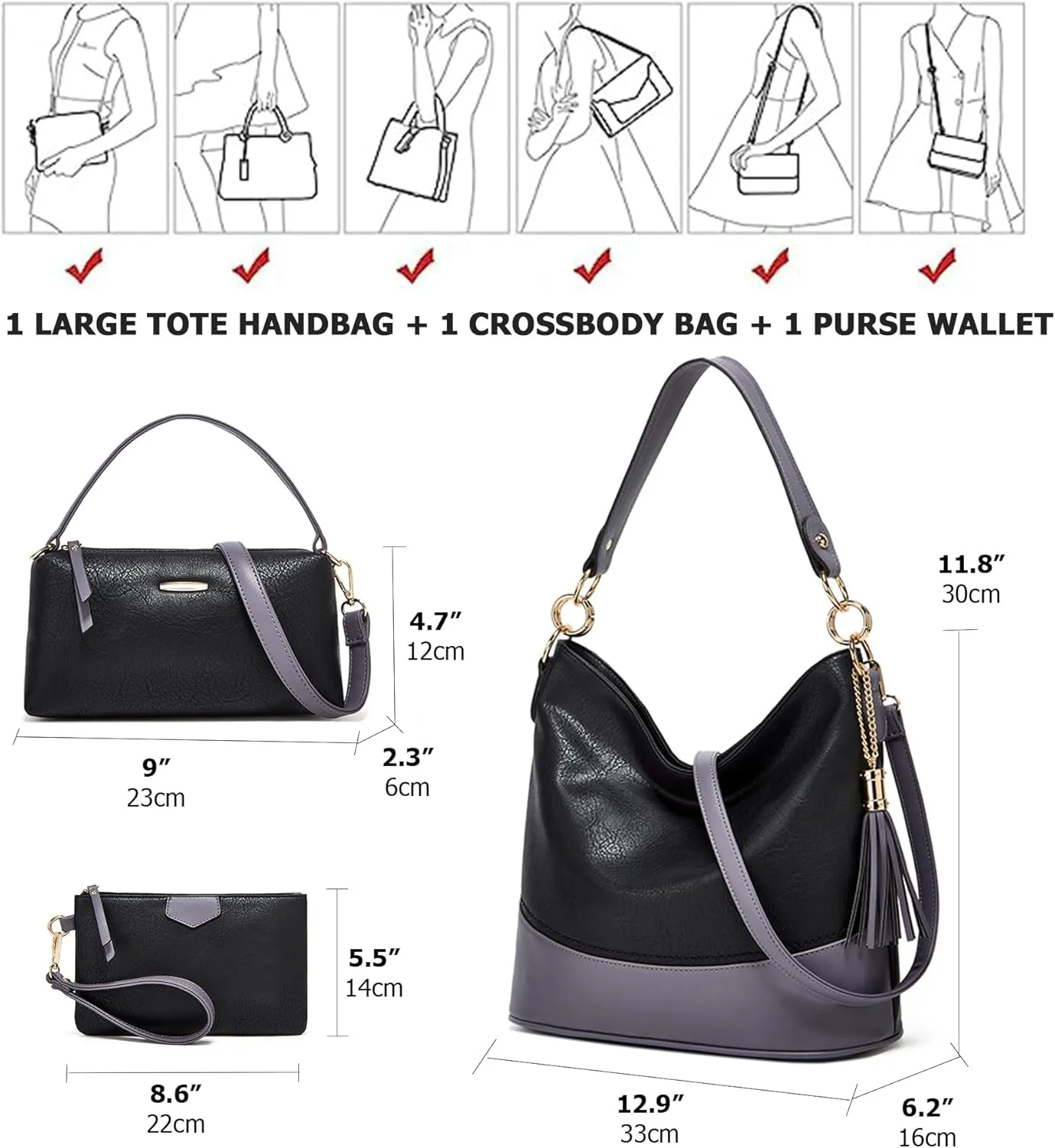 Large 3PC Set Soft Leather Tote Handbag for Women Stylish Hobo Shoulder Bag with Top Handle