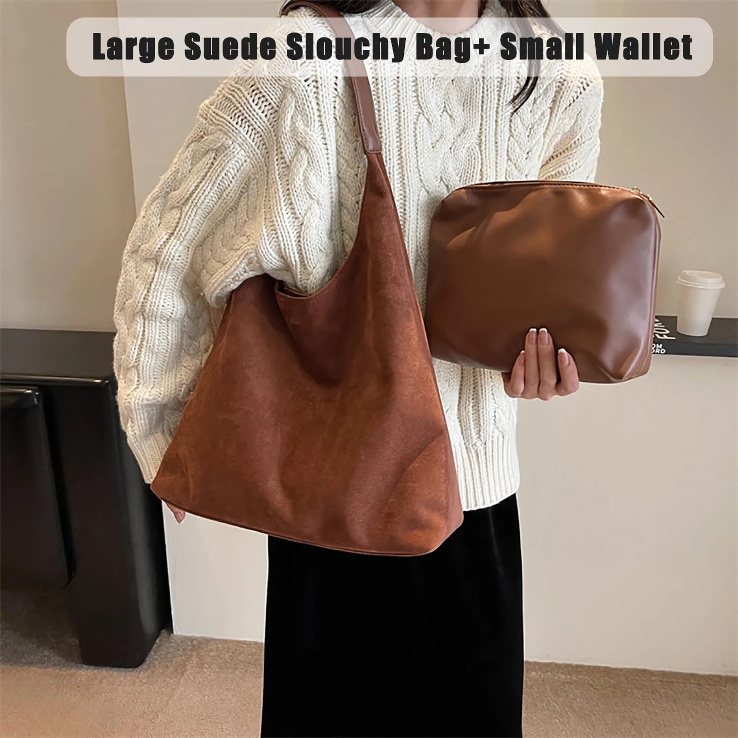 Large Suede Slouchy Bag, Brown Suede Purse Tote Bag for Women, Leather Hobo Bags Handbag Satchel for Work Travel Shopping