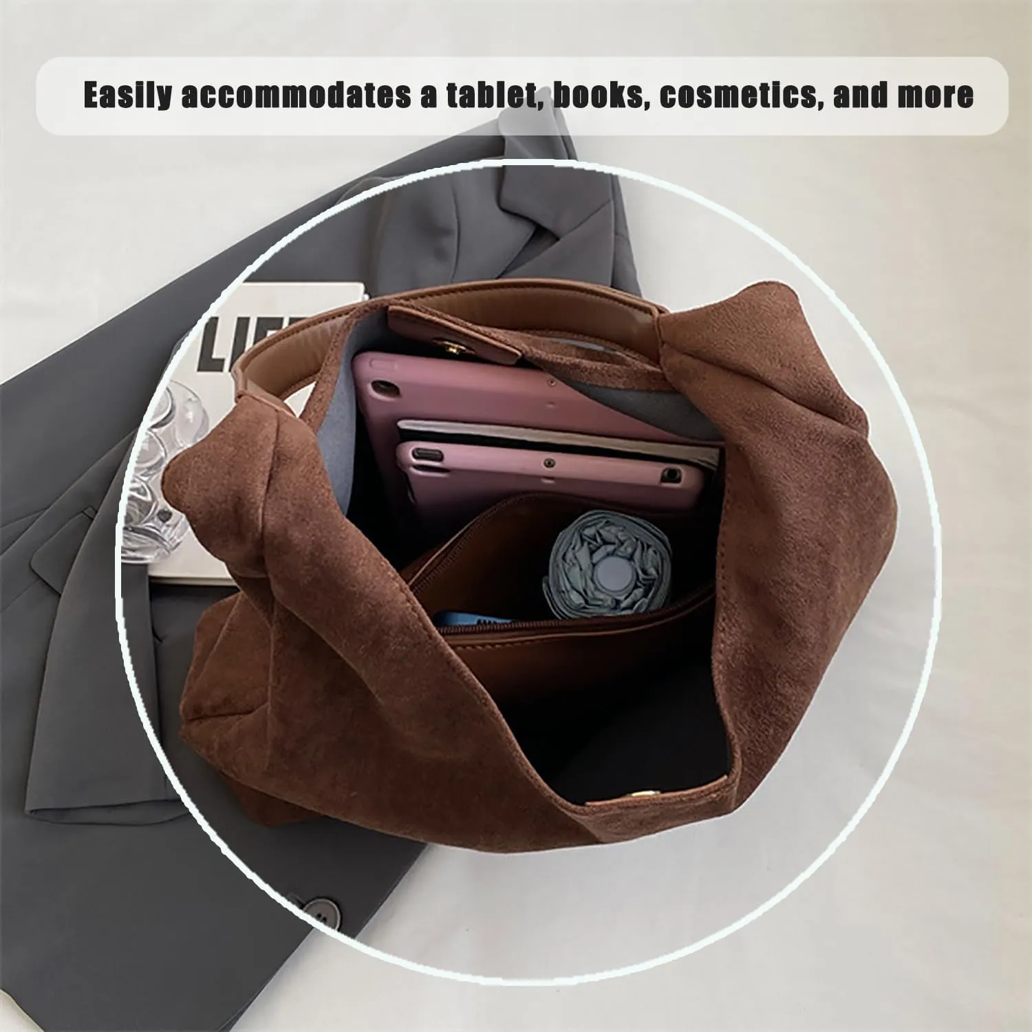 Large Suede Slouchy Bag, Brown Suede Purse Tote Bag for Women, Leather Hobo Bags Handbag Satchel for Work Travel Shopping