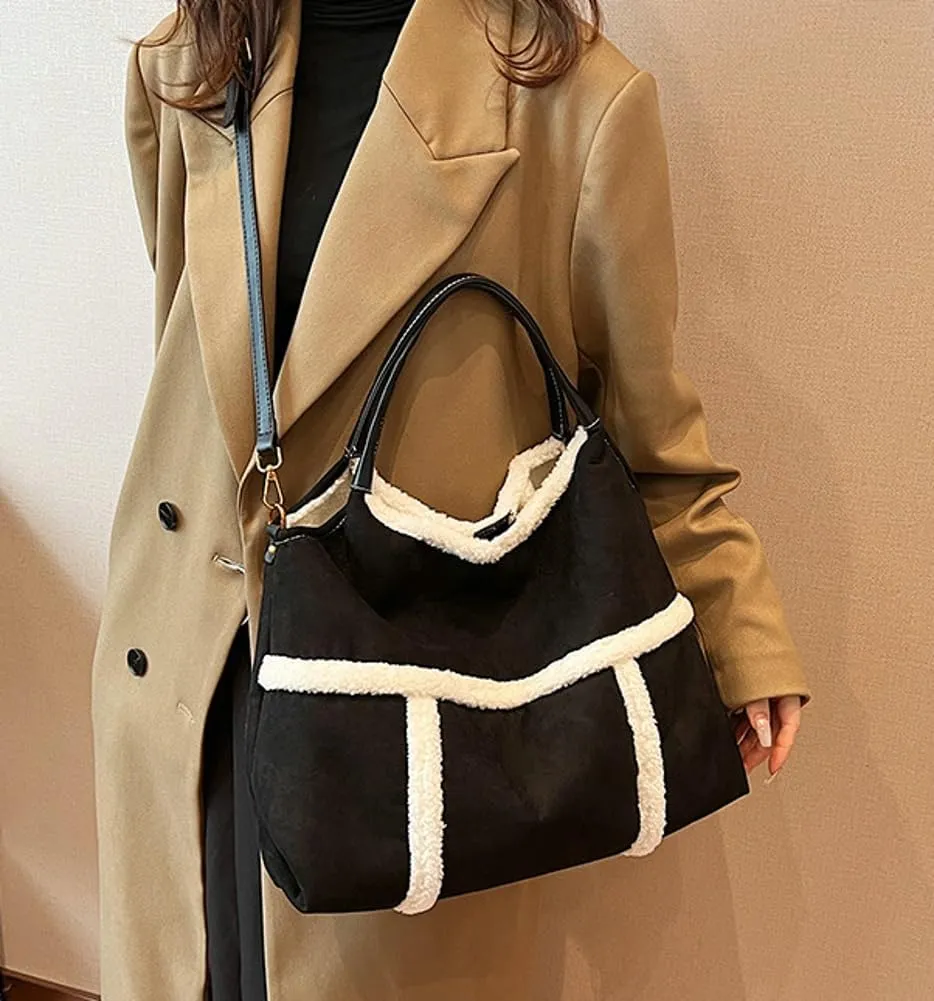 Large Tote Bag for Women Suede Crossbody Shoulder Purse Top Handle Handbag with Faux Lamb Wool Lined Work Travel Purse