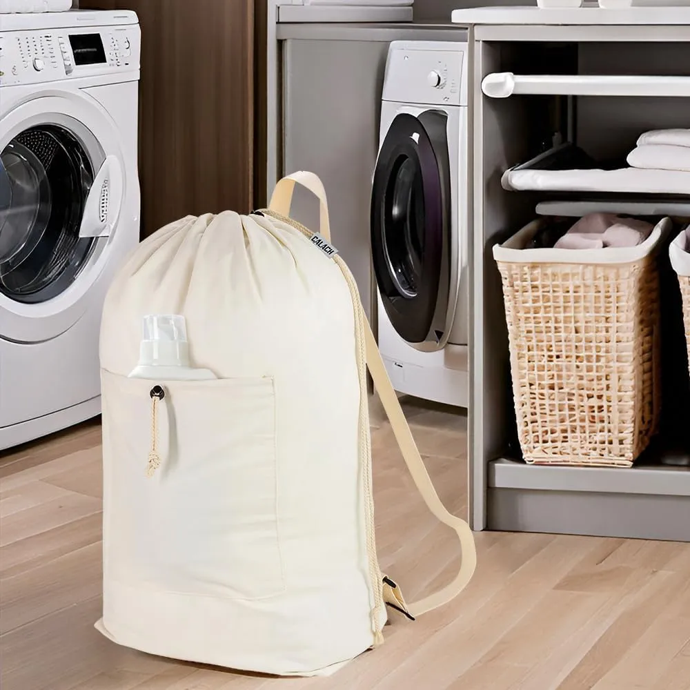 Laundry Bag Backpack, Canvas Laundry Bag with Straps & Drawstring Closure Washable Dirty Cloth Hamper Bag with Large Front Pocket for College, Travel, Laundromat, Camping (XL, Beige)