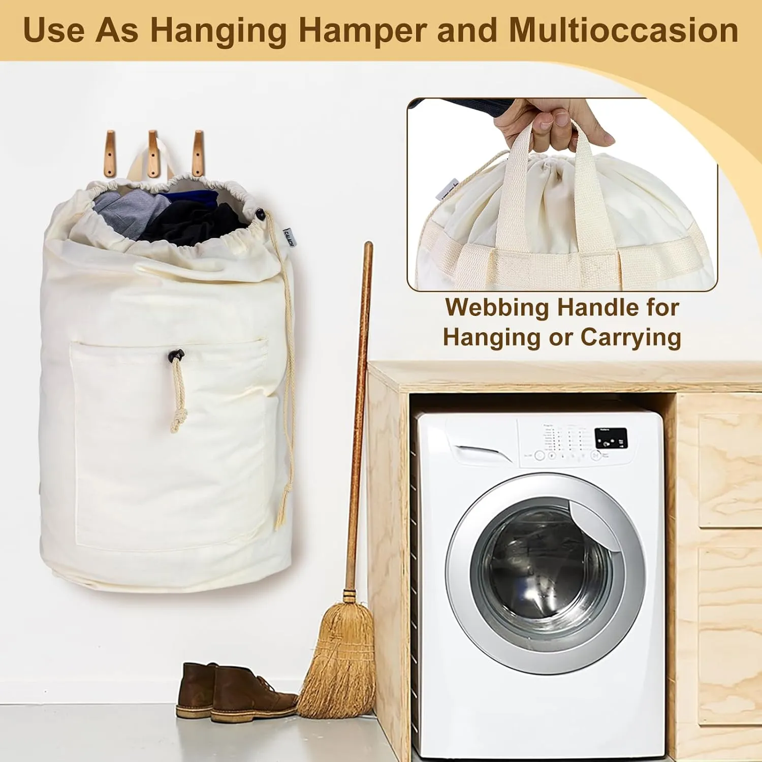 Laundry Bag Backpack, Canvas Laundry Bag with Straps & Drawstring Closure Washable Dirty Cloth Hamper Bag with Large Front Pocket for College, Travel, Laundromat, Camping (XL, Beige)