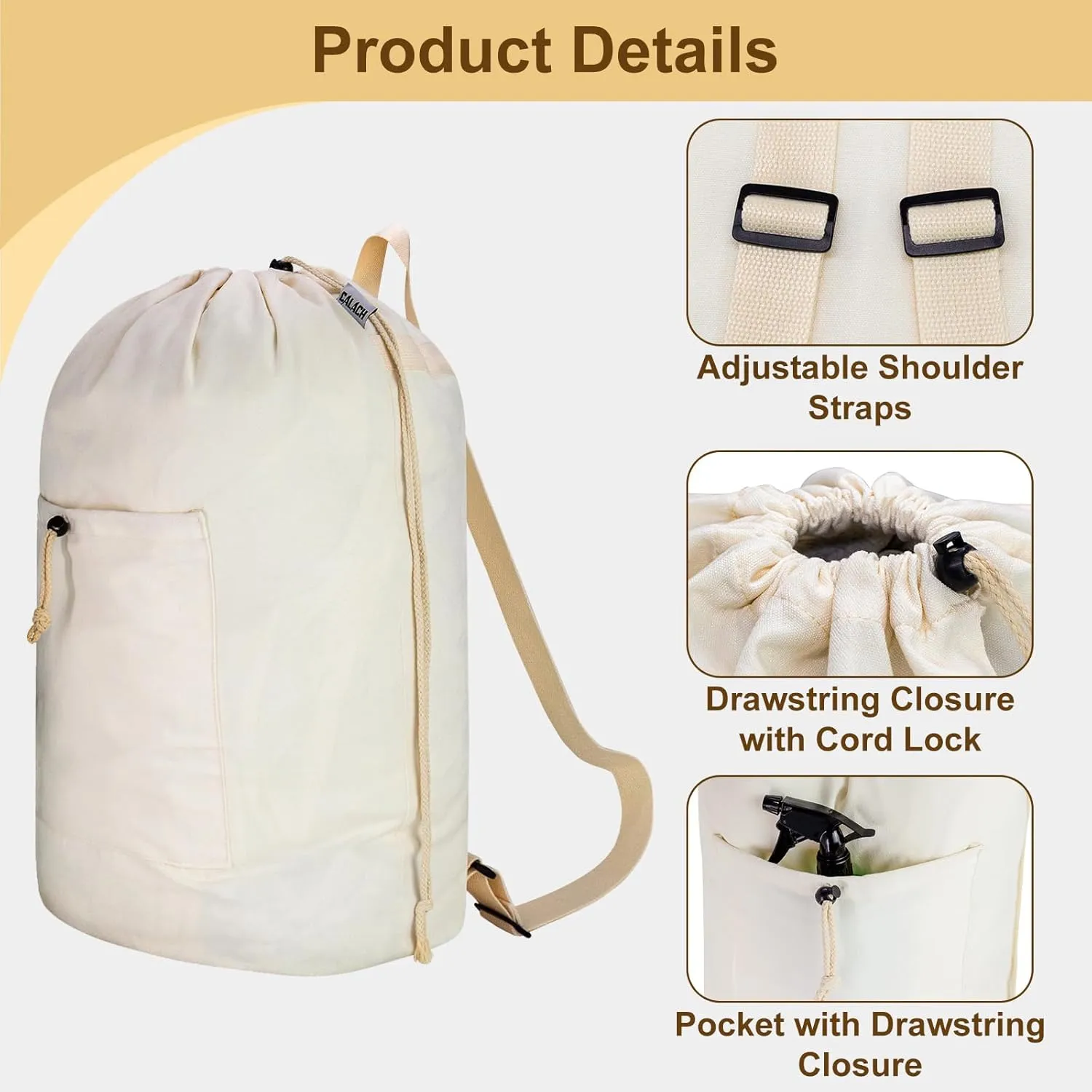 Laundry Bag Backpack, Canvas Laundry Bag with Straps & Drawstring Closure Washable Dirty Cloth Hamper Bag with Large Front Pocket for College, Travel, Laundromat, Camping (XL, Beige)